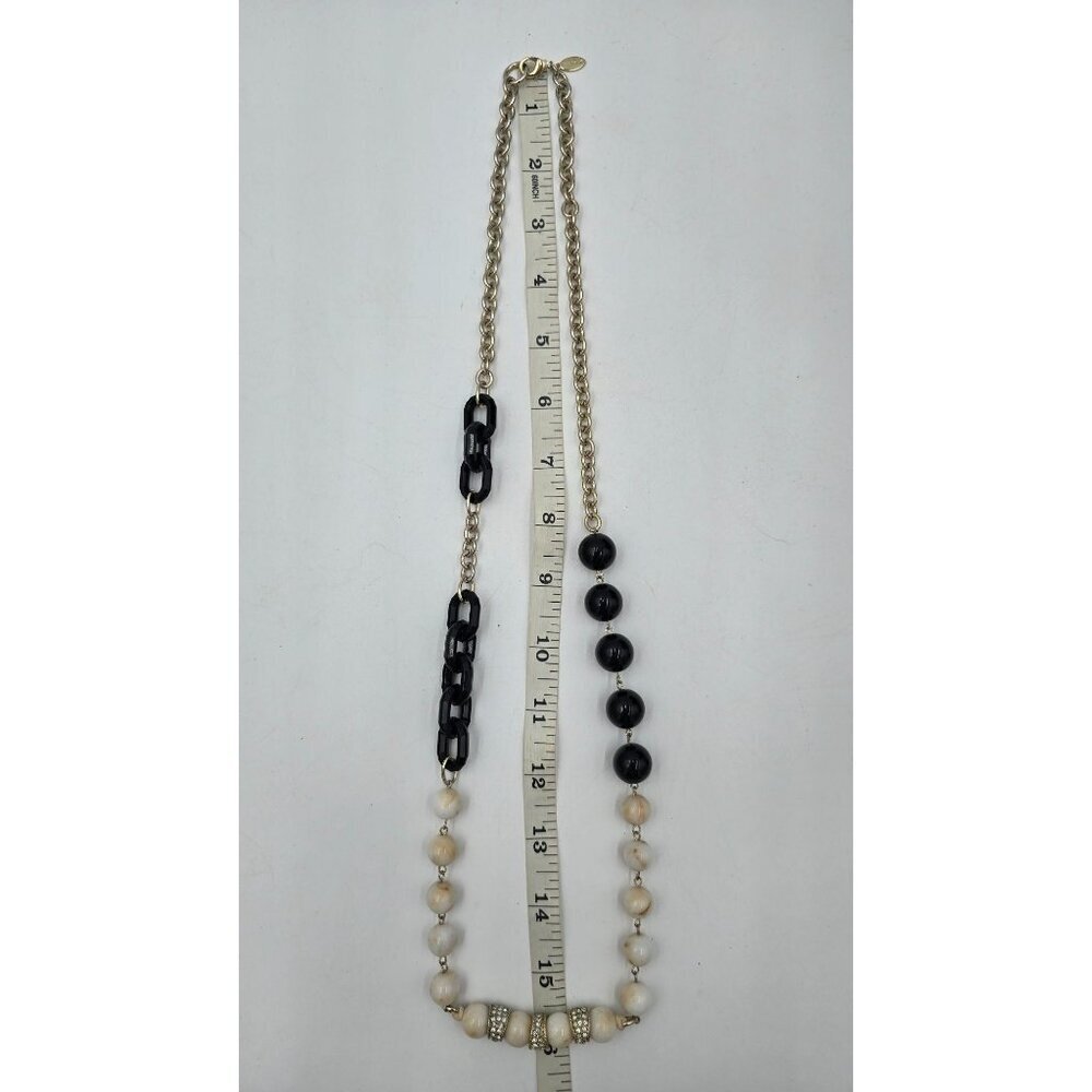 Ann Taylor Gold Tone Chain Necklace w/ Black White Beads & Rhinestone Accents - Picture 7 of 7